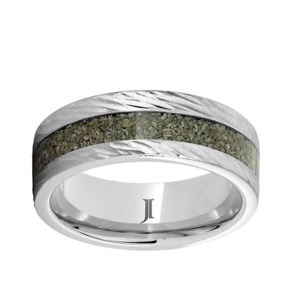 Men's 8mm Green Dinosaur Bone Inlay Bark Finish Wedding Ring in Serinium