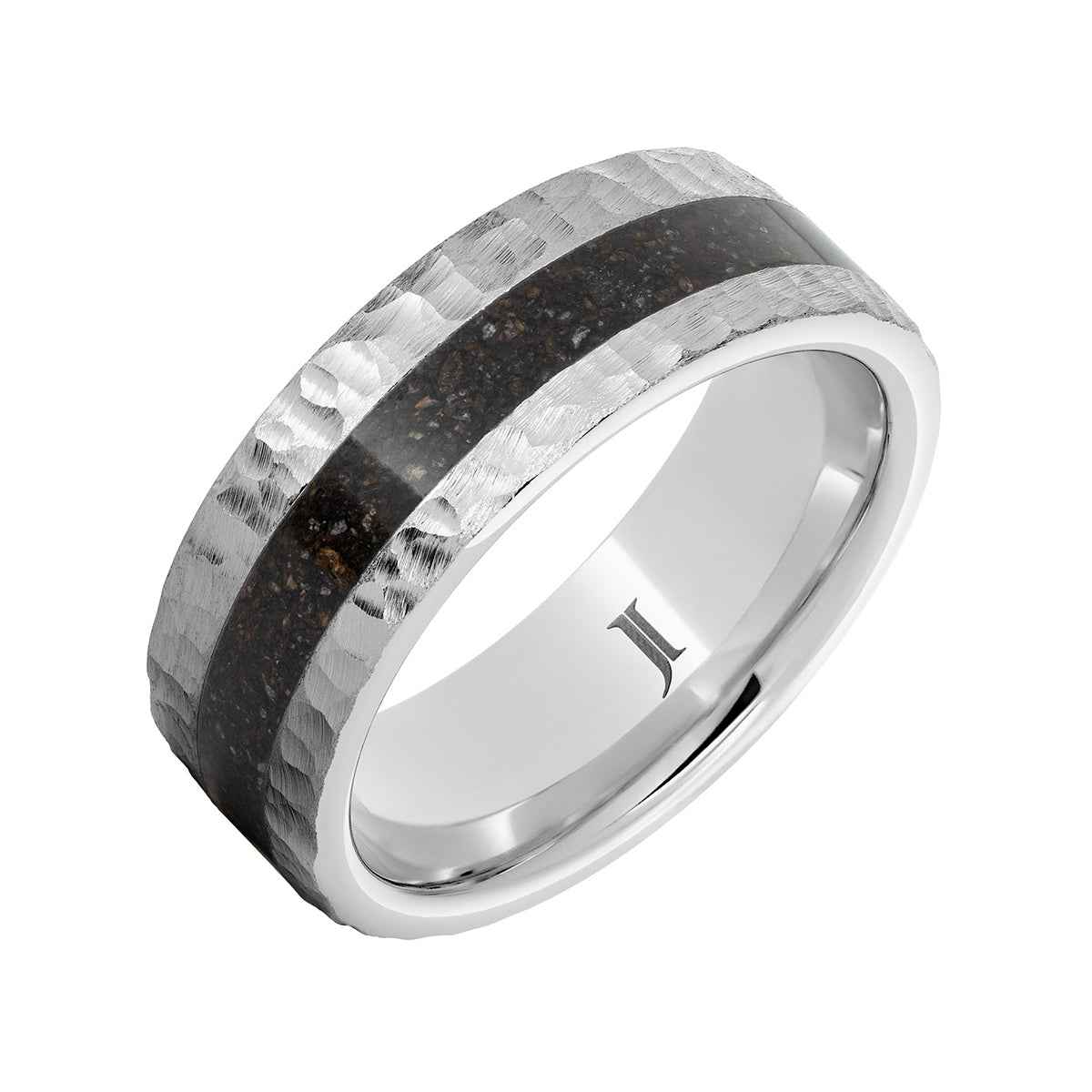Men's 8mm Gray Dinosaur Bone Inlay Moon Finish Wedding Ring in Serinium front view