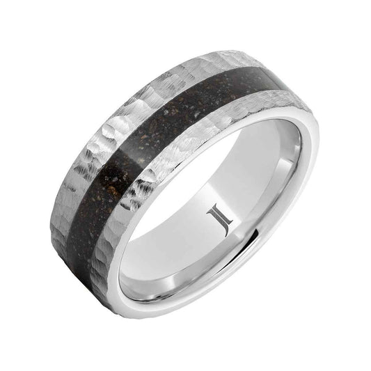 Men's 8mm Gray Dinosaur Bone Inlay Moon Finish Wedding Ring in Serinium front view