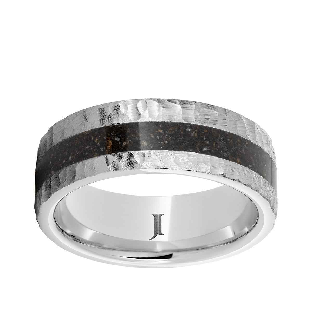 Men's 8mm Gray Dinosaur Bone Inlay Moon Finish Wedding Ring in Serinium