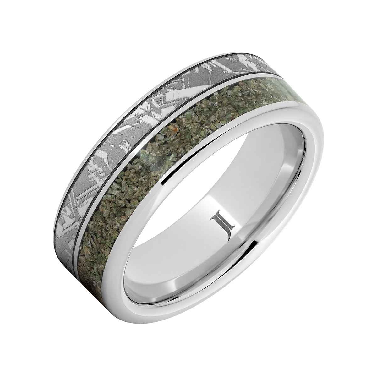 Men's 8mm Green Dinosaur Bone Inlay Meteorite Engraved Wedding Ring in Serinium front view
