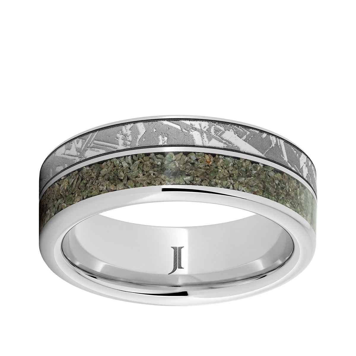 Men's 8mm Green Dinosaur Bone Inlay Meteorite Engraved Wedding Ring in Serinium