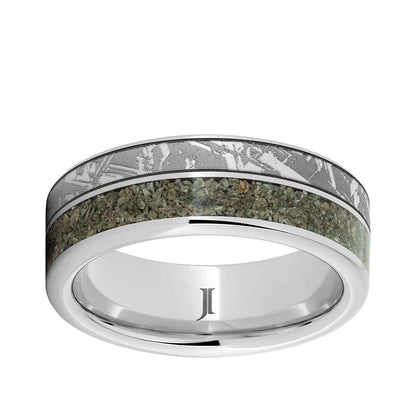 Men's 8mm Green Dinosaur Bone Inlay Meteorite Engraved Wedding Ring in Serinium