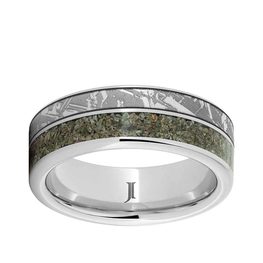 Men's 8mm Green Dinosaur Bone Inlay Meteorite Engraved Wedding Ring in Serinium