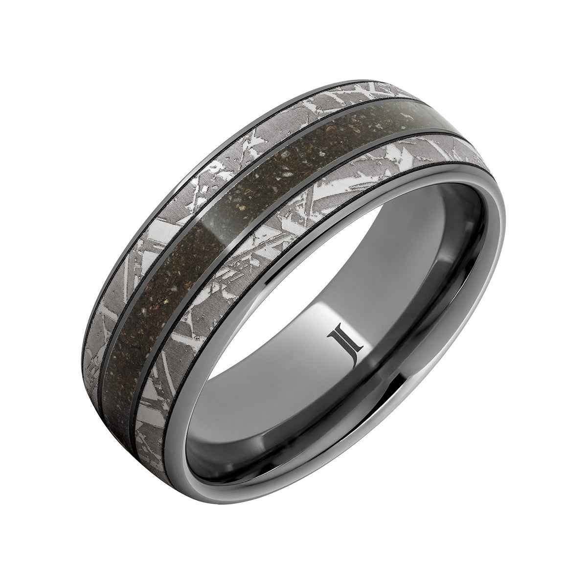 Men's 8mm Gray Dinosaur Bone Inlay Meteorite Engraved Wedding Ring in Tungsten Carbide front view