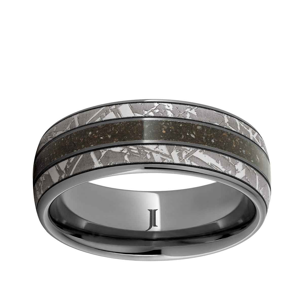 Men's 8mm Gray Dinosaur Bone Inlay Meteorite Engraved Wedding Ring in Tungsten Carbide