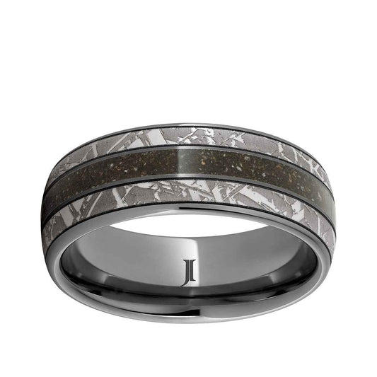 Men's 8mm Gray Dinosaur Bone Inlay Meteorite Engraved Wedding Ring in Tungsten Carbide