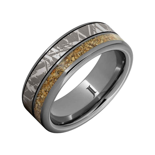Men's 8mm Brown Dinosaur Bone Inlay Meteorite Engraved Wedding Ring in Tungsten Carbide front view