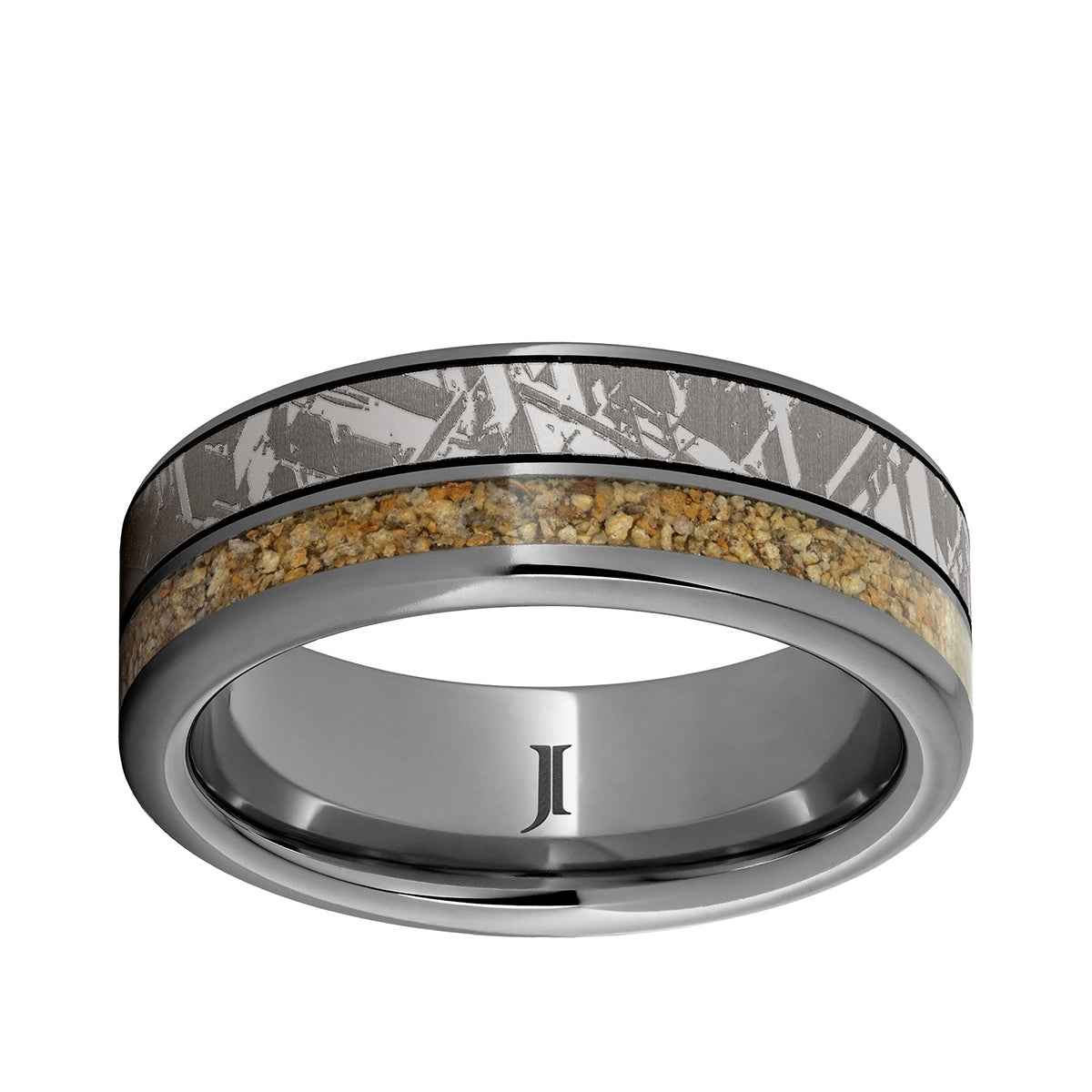 Men's 8mm Brown Dinosaur Bone Inlay Meteorite Engraved Wedding Ring in Tungsten Carbide