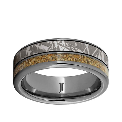 Men's 8mm Brown Dinosaur Bone Inlay Meteorite Engraved Wedding Ring in Tungsten Carbide