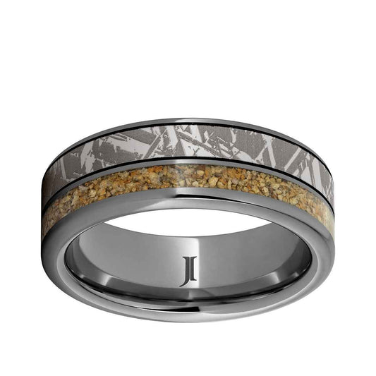 Men's 8mm Brown Dinosaur Bone Inlay Meteorite Engraved Wedding Ring in Tungsten Carbide
