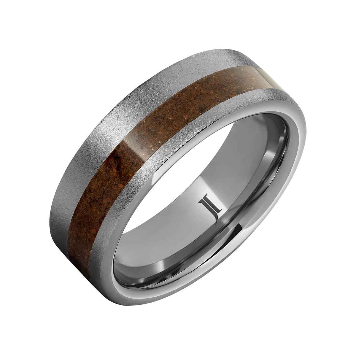 Men's 8mm Red Dinosaur Bone Inlay Stone Finish Wedding Ring in Tungsten Carbide front view