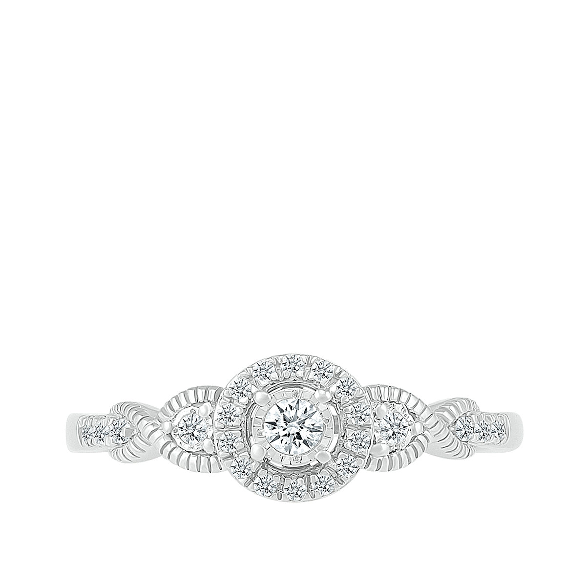 I Promise 1/5 ct. tw. Diamond 3-Stone Miracle Plate Promise Ring with Halo in 10K White Gold front view