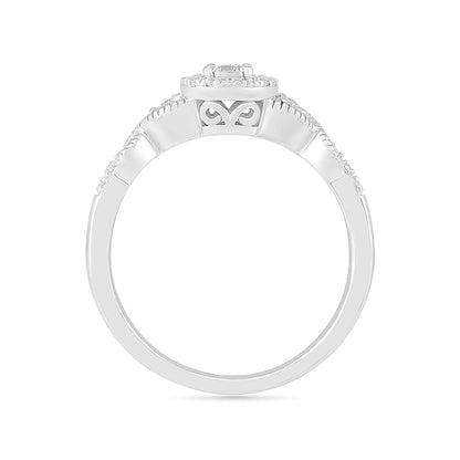 I Promise 1/5 ct. tw. Diamond 3-Stone Miracle Plate Promise Ring with Halo in 10K White Gold close-up detail