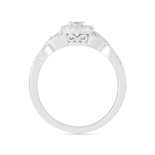 I Promise 1/5 ct. tw. Diamond 3-Stone Miracle Plate Promise Ring with Halo in 10K White Gold close-up detail