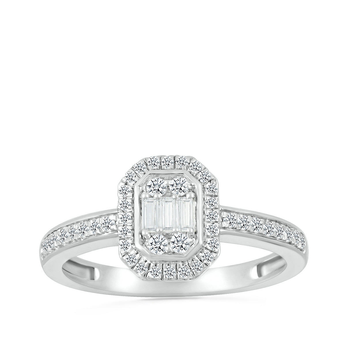 1/3 ct. tw. Round & Baguette Diamond Emerald-Shaped Cluster Ring in 10K White Gold