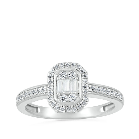 1/3 ct. tw. Round & Baguette Diamond Emerald-Shaped Cluster Ring in 10K White Gold