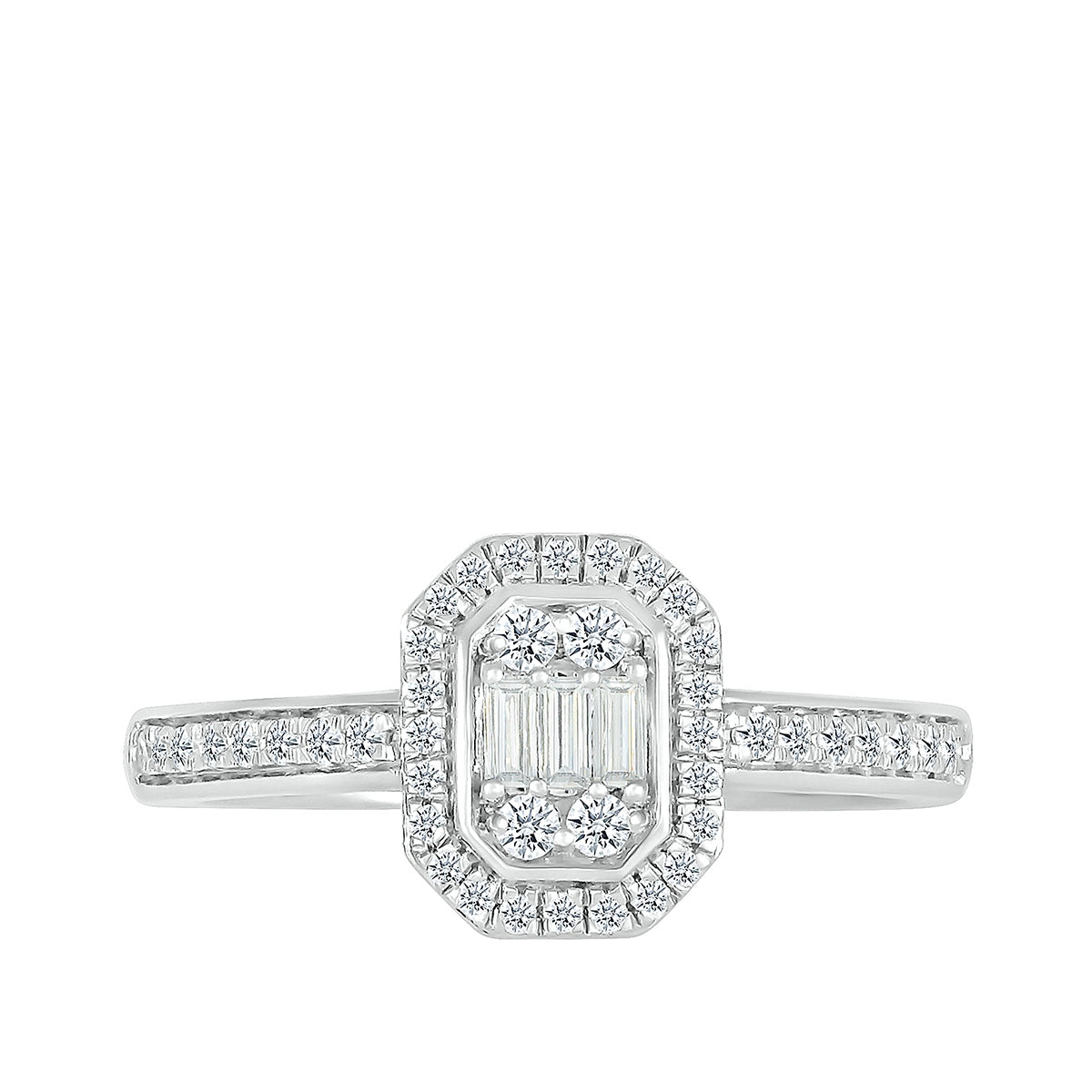 1/3 ct. tw. Round & Baguette Diamond Emerald-Shaped Cluster Ring in 10K White Gold front view