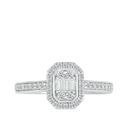 1/3 ct. tw. Round & Baguette Diamond Emerald-Shaped Cluster Ring in 10K White Gold front view