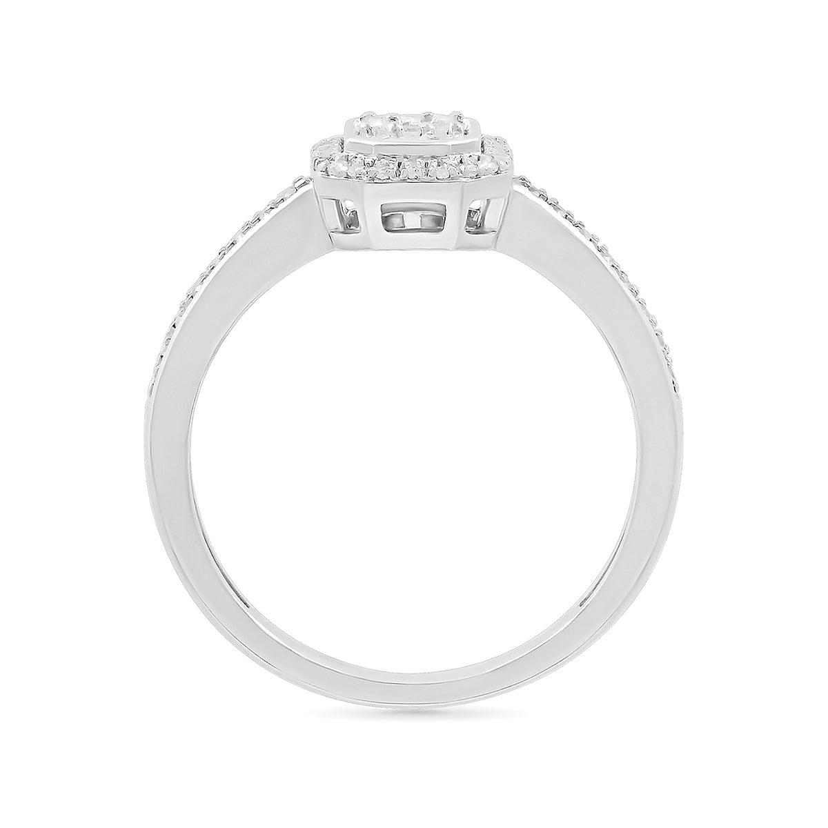 1/3 ct. tw. Round & Baguette Diamond Emerald-Shaped Cluster Ring in 10K White Gold close-up detail