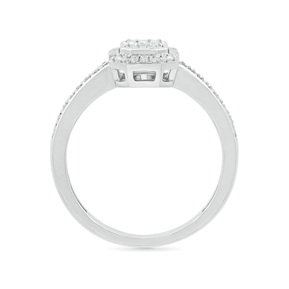 1/3 ct. tw. Round & Baguette Diamond Emerald-Shaped Cluster Ring in 10K White Gold close-up detail
