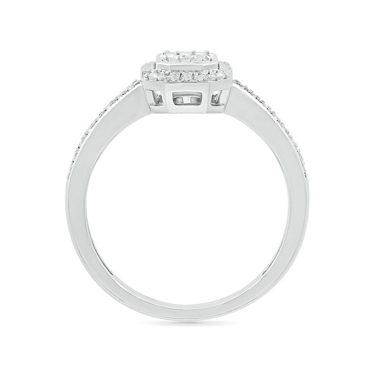 1/3 ct. tw. Round & Baguette Diamond Emerald-Shaped Cluster Ring in 10K White Gold close-up detail
