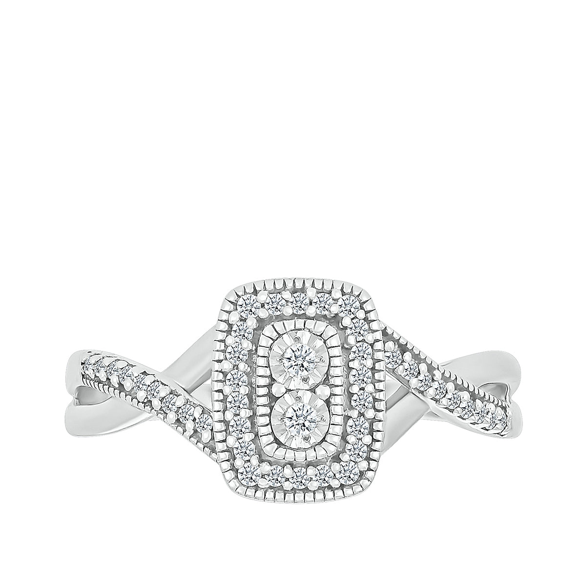 I Promise 1/6 ct. tw. Diamond Emerald-Shaped Halo Promise Ring with Miracle Plates in 10K White Gold front view