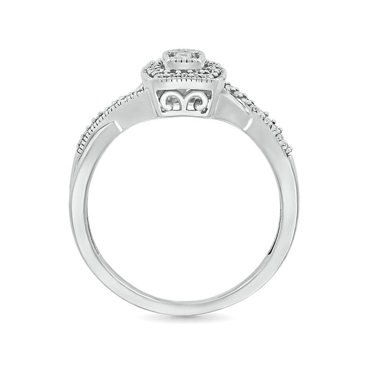 I Promise 1/6 ct. tw. Diamond Emerald-Shaped Halo Promise Ring with Miracle Plates in 10K White Gold close-up detail