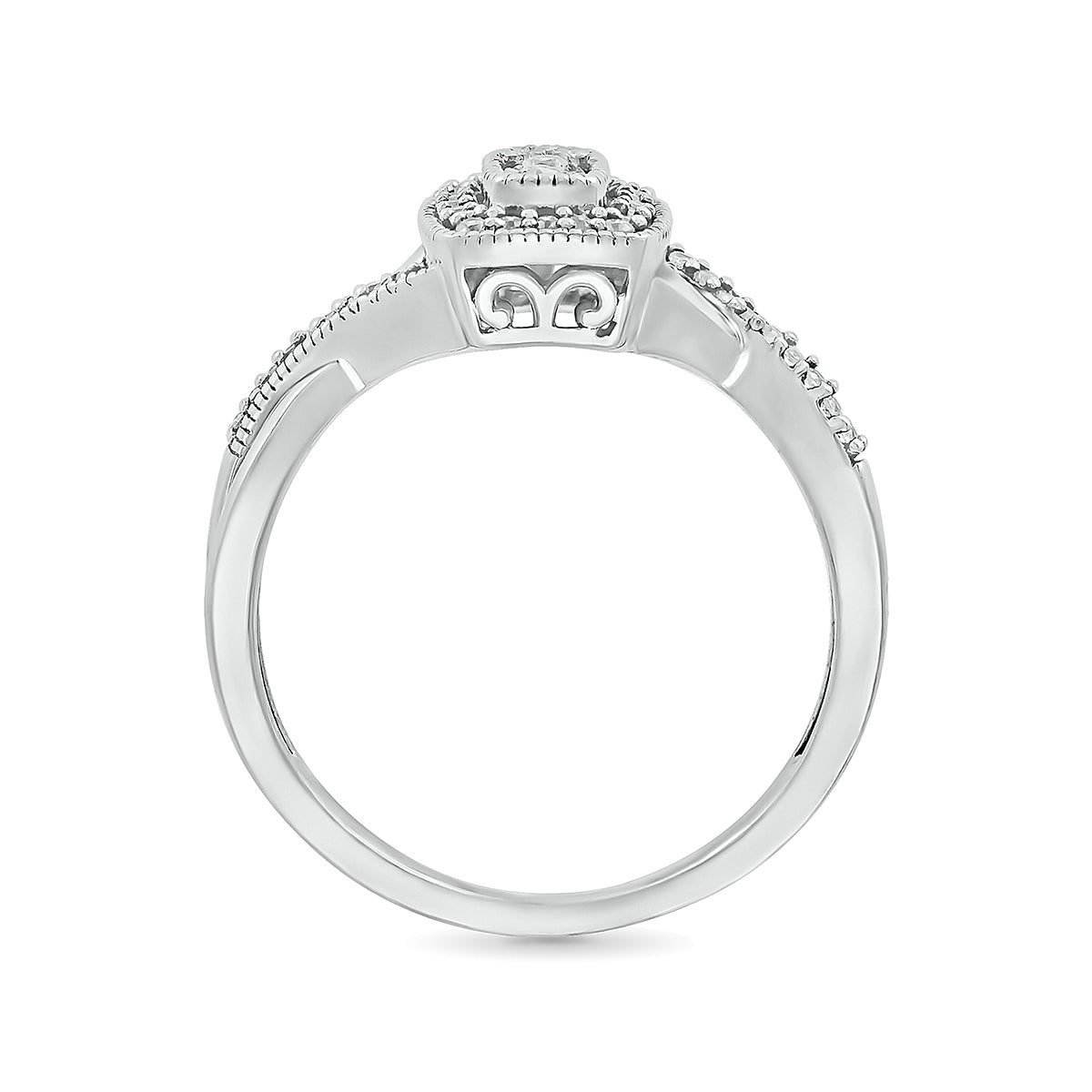 I Promise 1/6 ct. tw. Diamond Emerald-Shaped Halo Promise Ring with Miracle Plates in 10K White Gold close-up detail