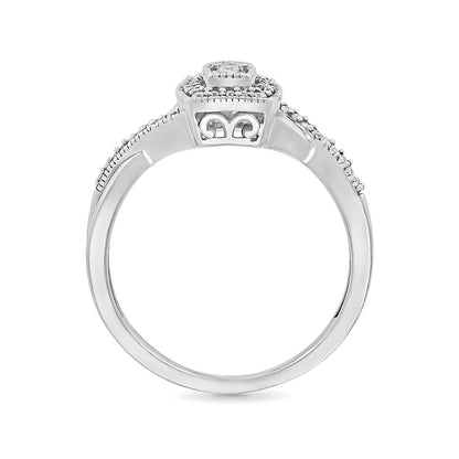 I Promise 1/6 ct. tw. Diamond Emerald-Shaped Halo Promise Ring with Miracle Plates in 10K White Gold close-up detail