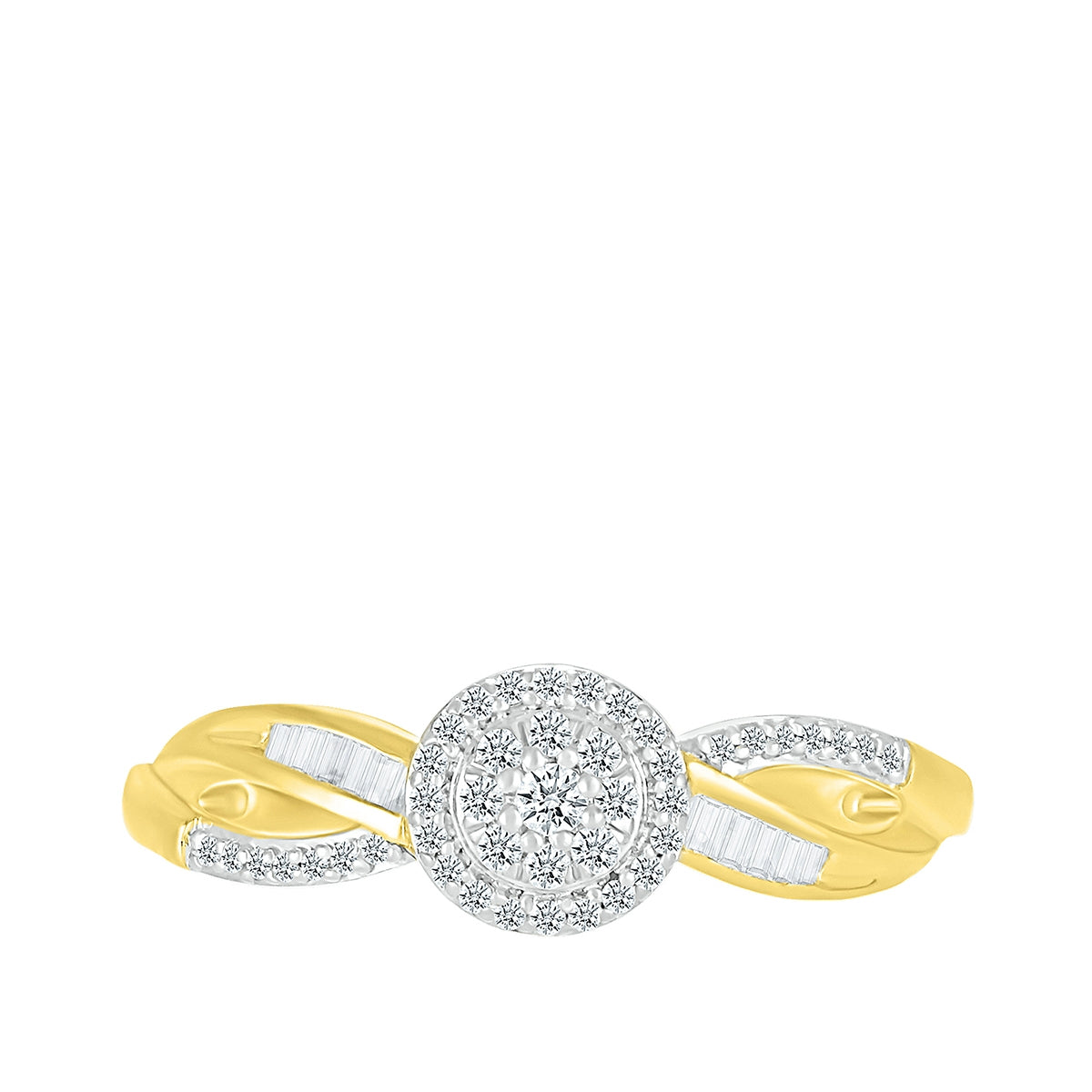 I Promise 1/5 ct. tw. Round Diamond Cluster Promise Ring with Baguette Diamond Accents in 10K Yellow Gold front view