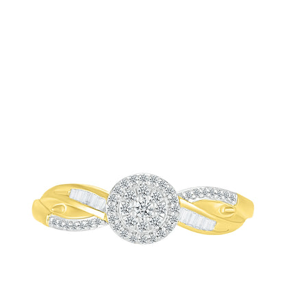 I Promise 1/5 ct. tw. Round Diamond Cluster Promise Ring with Baguette Diamond Accents in 10K Yellow Gold front view