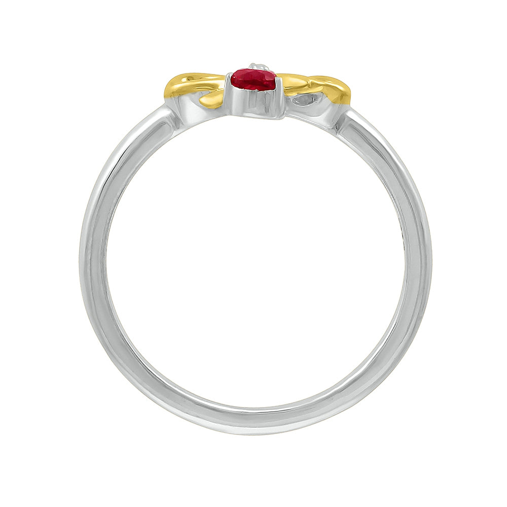 Created Pear Ruby & White Sapphire Bow Ring in Sterling Silver & 10K Yellow Gold front view