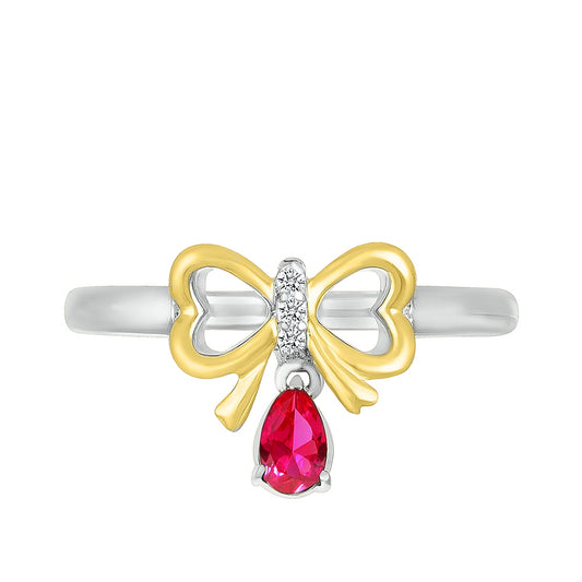 Created Pear Ruby & White Sapphire Bow Ring in Sterling Silver & 10K Yellow Gold close-up detail