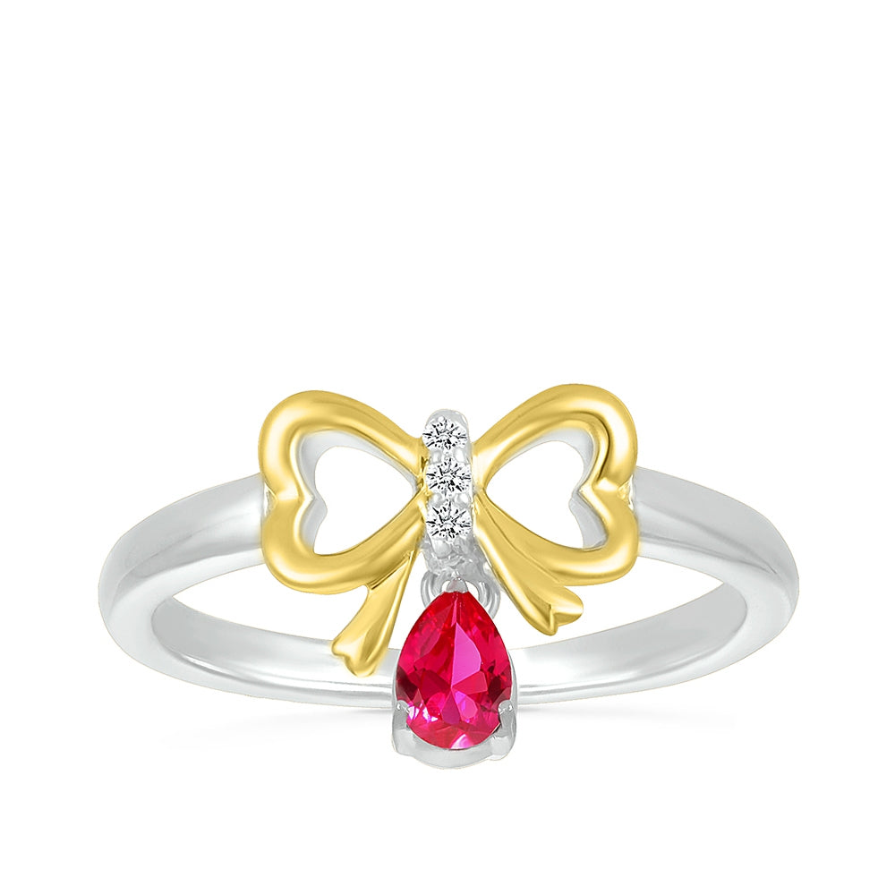 Created Pear Ruby & White Sapphire Bow Ring in Sterling Silver & 10K Yellow Gold