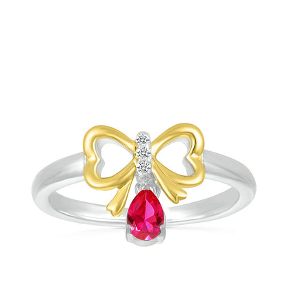 Created Pear Ruby & White Sapphire Bow Ring in Sterling Silver & 10K Yellow Gold