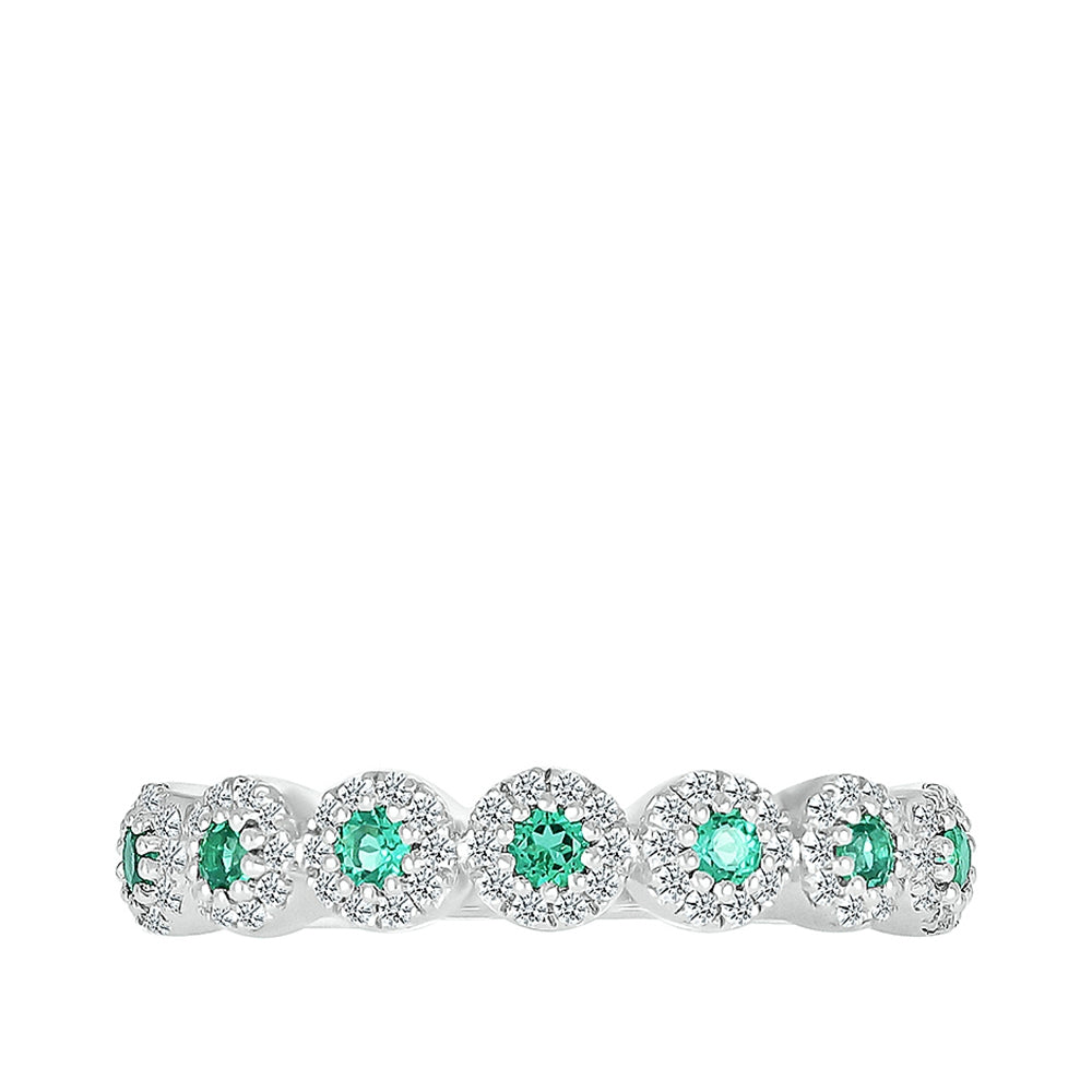 Created Round Emerald & 1/5 ct. tw. Diamond Halo Stackable Ring in 10K White Gold close-up detail
