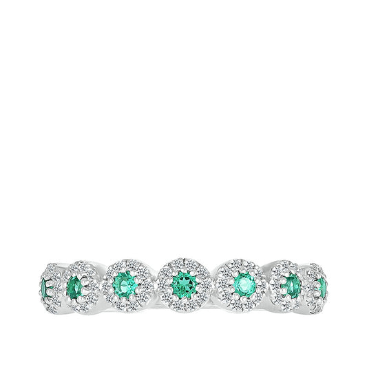Created Round Emerald & 1/5 ct. tw. Diamond Halo Stackable Ring in 10K White Gold close-up detail