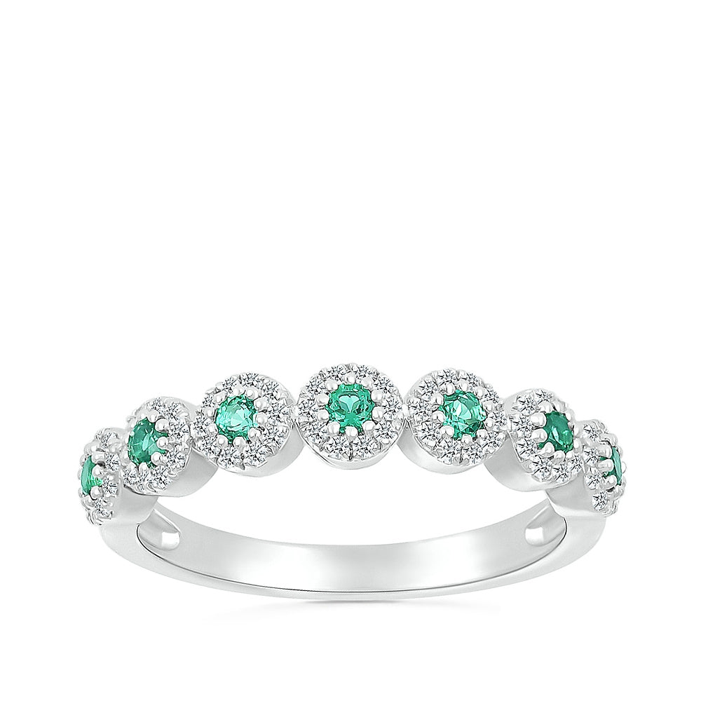 Created Round Emerald & 1/5 ct. tw. Diamond Halo Stackable Ring in 10K White Gold