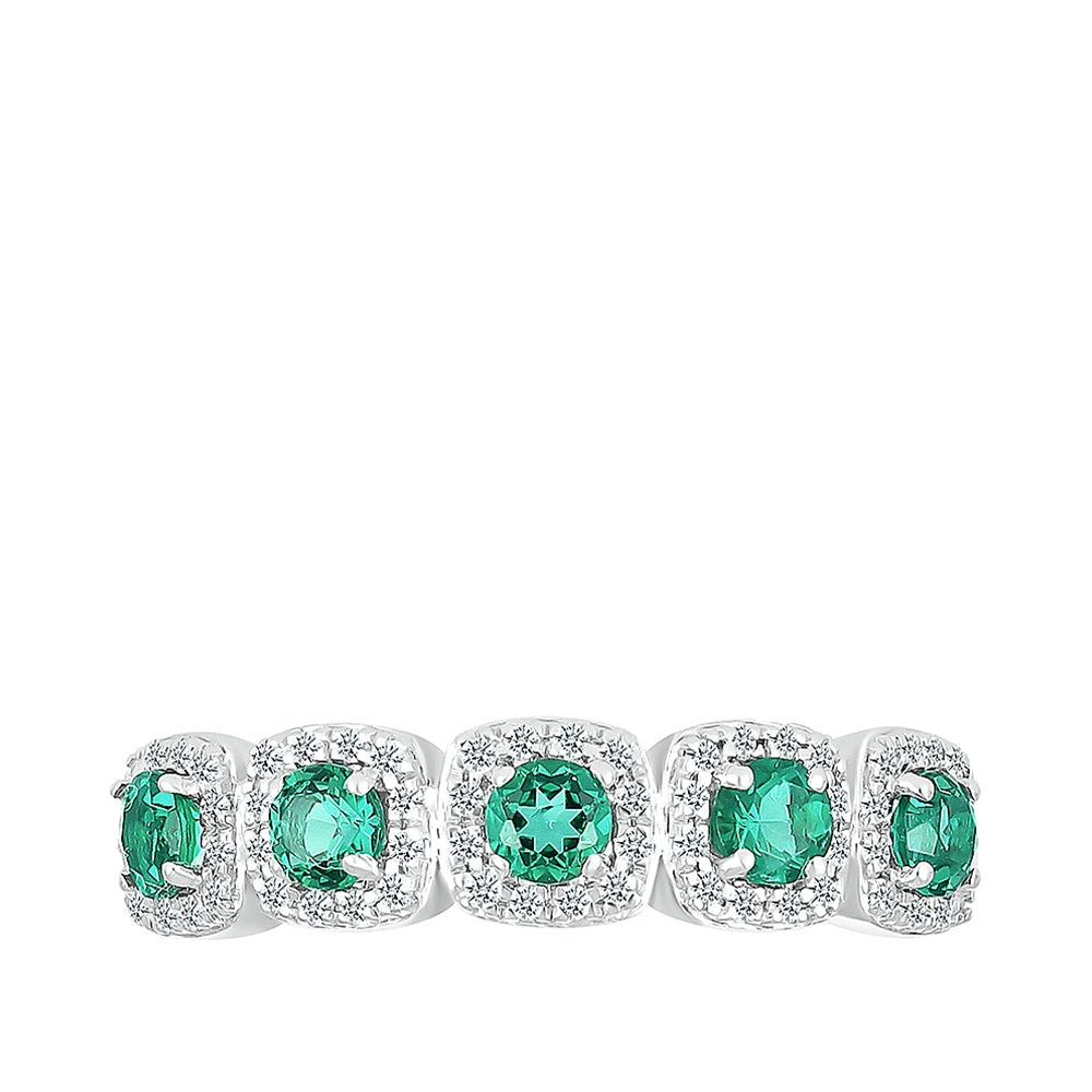 Created Round Emerald & 1/5 ct. tw. Diamond Cushion Halo Stackable Ring in 10K White Gold close-up detail