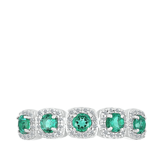Created Round Emerald & 1/5 ct. tw. Diamond Cushion Halo Stackable Ring in 10K White Gold close-up detail