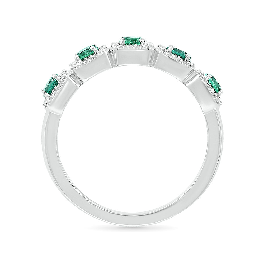 Created Round Emerald & 1/5 ct. tw. Diamond Cushion Halo Stackable Ring in 10K White Gold front view