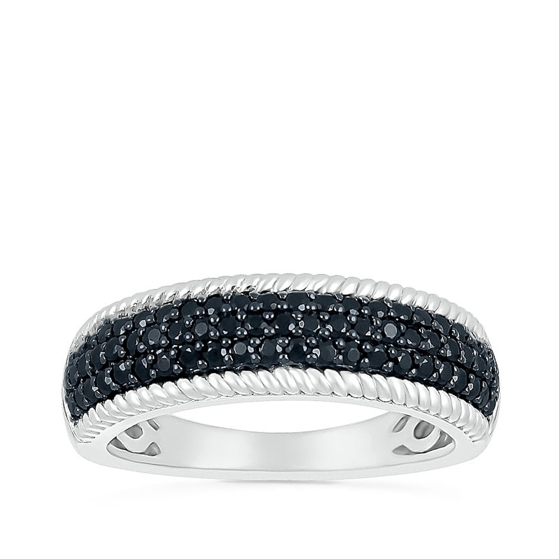 1/2 ct. tw. Black Diamond Pave Ring with Rope Detailing in Sterling Silver
