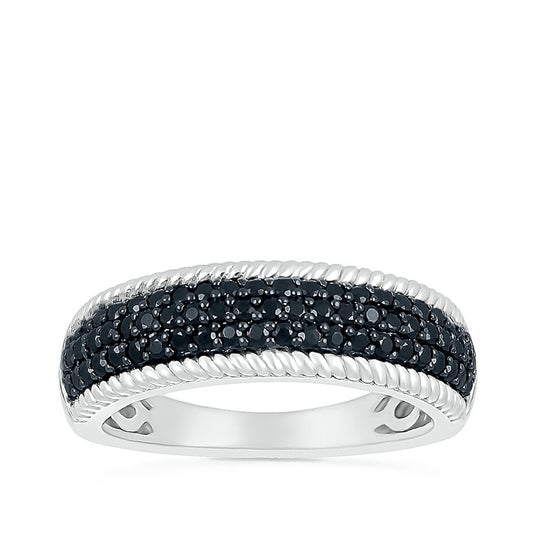 1/2 ct. tw. Black Diamond Pave Ring with Rope Detailing in Sterling Silver
