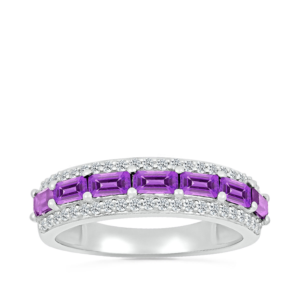 Emerald Cut Amethyst & 1/4 ct. tw. Diamond Multirow Ring in 10K White Gold