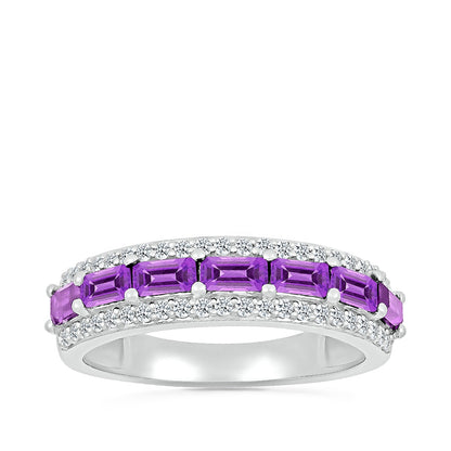 Emerald Cut Amethyst & 1/4 ct. tw. Diamond Multirow Ring in 10K White Gold