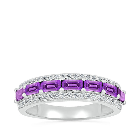 Emerald Cut Amethyst & 1/4 ct. tw. Diamond Multirow Ring in 10K White Gold