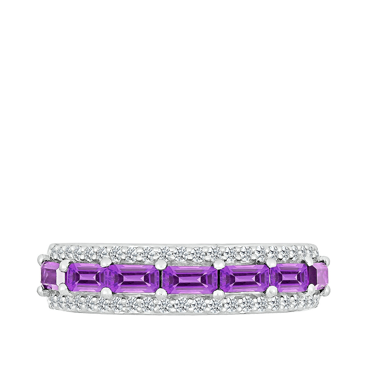 Emerald Cut Amethyst & 1/4 ct. tw. Diamond Multirow Ring in 10K White Gold front view