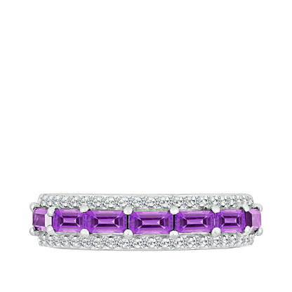 Emerald Cut Amethyst & 1/4 ct. tw. Diamond Multirow Ring in 10K White Gold front view