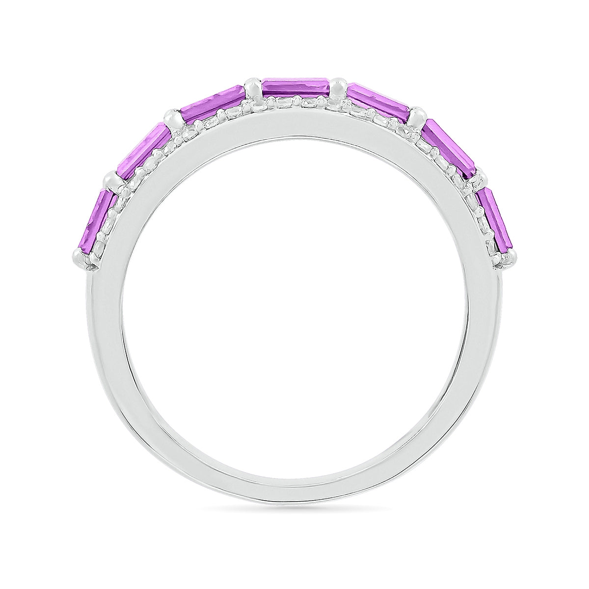 Emerald Cut Amethyst & 1/4 ct. tw. Diamond Multirow Ring in 10K White Gold close-up detail